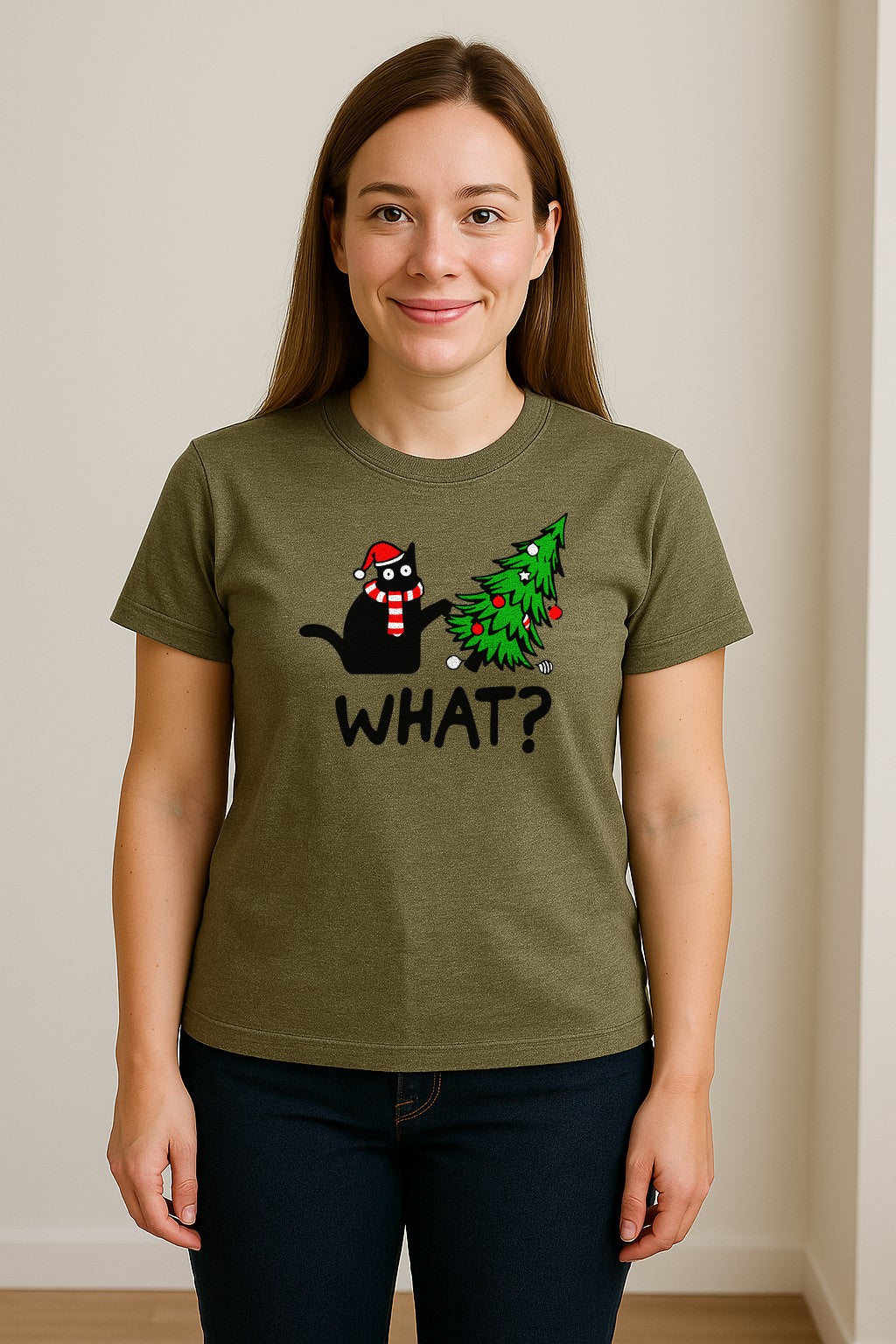 Christmas Cat T-Shirt, Funny What Tree Graphic for Holiday Parties and Animal Lovers
