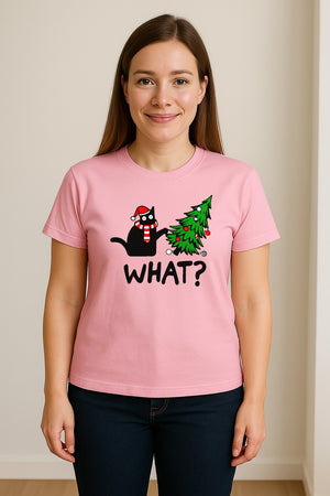 Christmas Cat T-Shirt, Funny What Tree Graphic for Holiday Parties and Animal Lovers