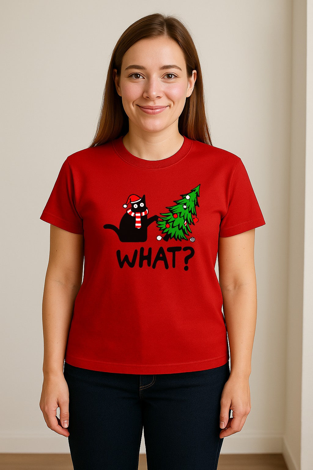 Christmas Cat T-Shirt, Funny What Tree Graphic for Holiday Parties and Animal Lovers