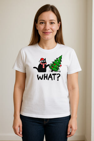 Christmas Cat T-Shirt, Funny What Tree Graphic for Holiday Parties and Animal Lovers