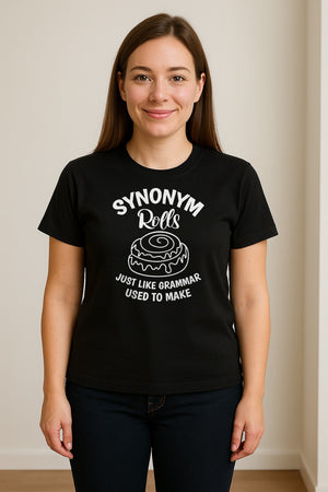 Synonym Rolls T-Shirt, Funny Grammar Pun Cinnamon Roll Design for English Teachers and Book Lovers