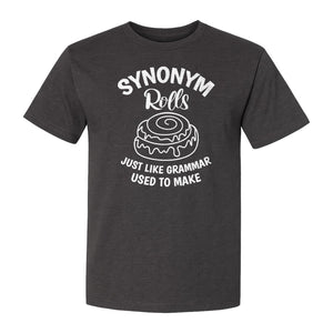 Synonym Rolls T-Shirt, Funny Grammar Pun Cinnamon Roll Design for English Teachers and Book Lovers