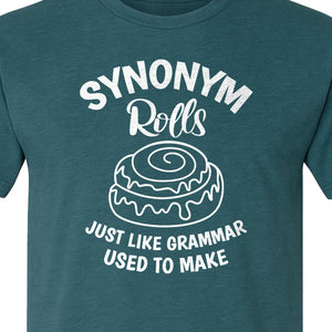 Synonym Rolls T-Shirt, Funny Grammar Pun Cinnamon Roll Design for English Teachers and Book Lovers