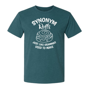 Synonym Rolls T-Shirt, Funny Grammar Pun Cinnamon Roll Design for English Teachers and Book Lovers