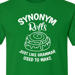 Synonym Rolls T-Shirt, Funny Grammar Pun Cinnamon Roll Design for English Teachers and Book Lovers