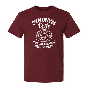 Synonym Rolls T-Shirt, Funny Grammar Pun Cinnamon Roll Design for English Teachers and Book Lovers