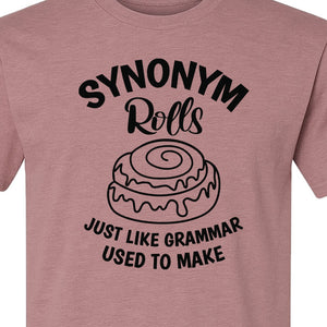 Synonym Rolls T-Shirt, Funny Grammar Pun Cinnamon Roll Design for English Teachers and Book Lovers