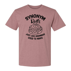 Synonym Rolls T-Shirt, Funny Grammar Pun Cinnamon Roll Design for English Teachers and Book Lovers
