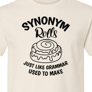 Synonym Rolls T-Shirt, Funny Grammar Pun Cinnamon Roll Design for English Teachers and Book Lovers