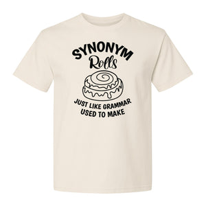 Synonym Rolls T-Shirt, Funny Grammar Pun Cinnamon Roll Design for English Teachers and Book Lovers