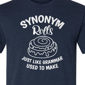Synonym Rolls T-Shirt, Funny Grammar Pun Cinnamon Roll Design for English Teachers and Book Lovers