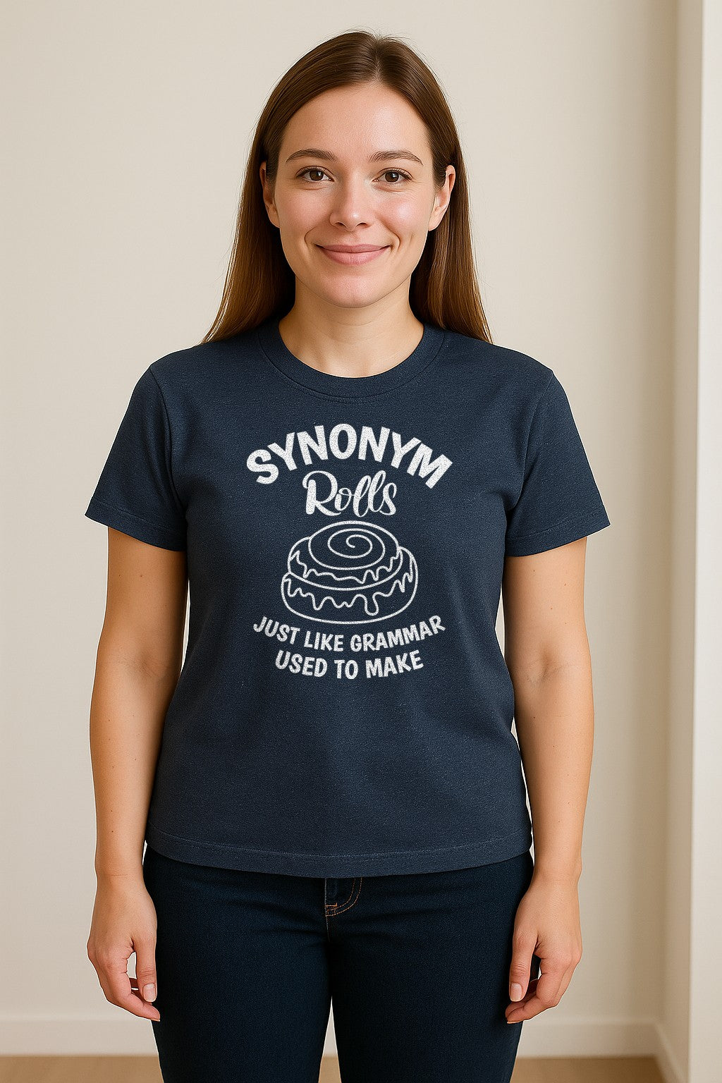 Synonym Rolls T-Shirt, Funny Grammar Pun Cinnamon Roll Design for English Teachers and Book Lovers