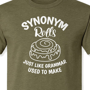 Synonym Rolls T-Shirt, Funny Grammar Pun Cinnamon Roll Design for English Teachers and Book Lovers