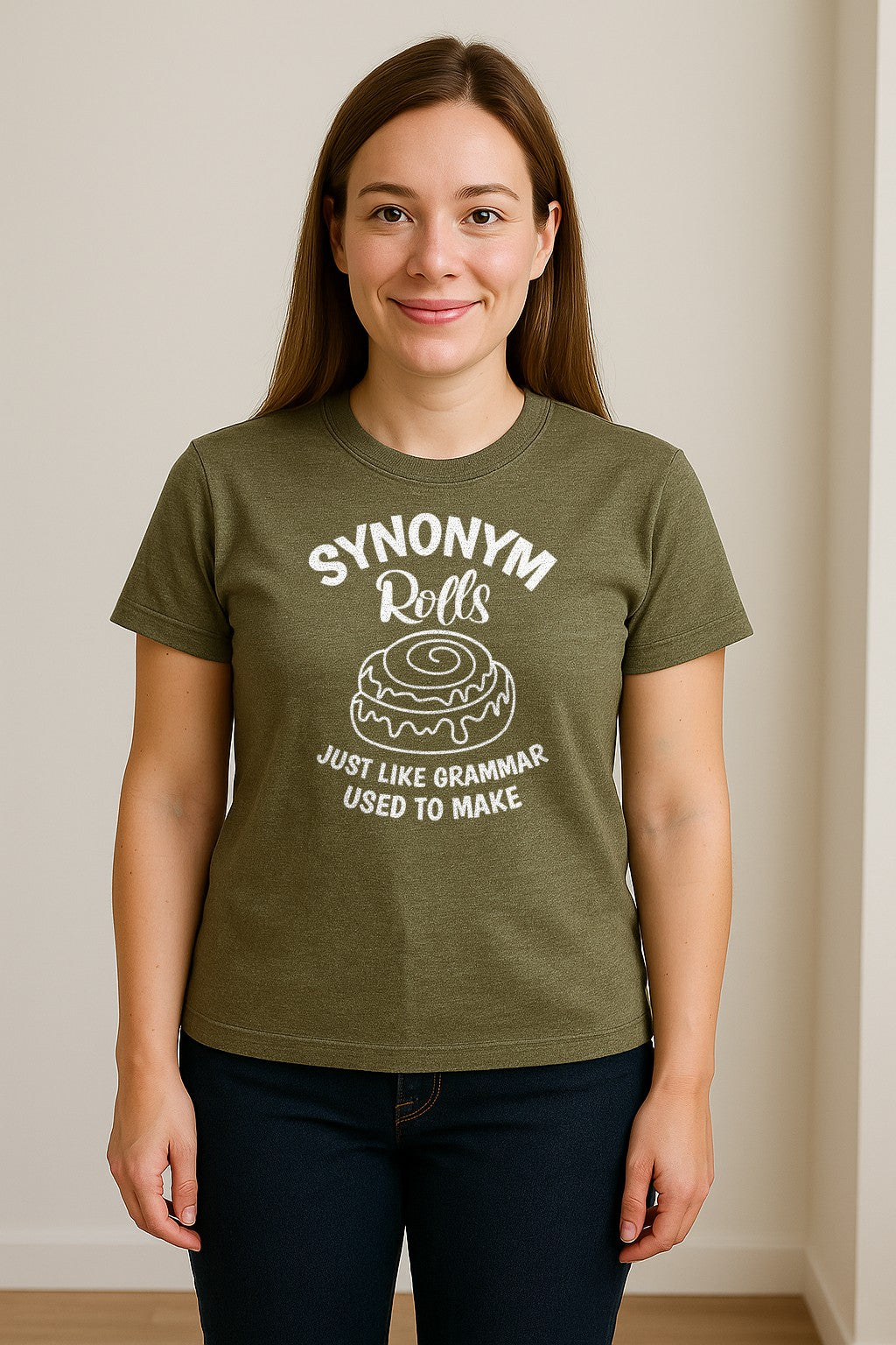 Synonym Rolls T-Shirt, Funny Grammar Pun Cinnamon Roll Design for English Teachers and Book Lovers