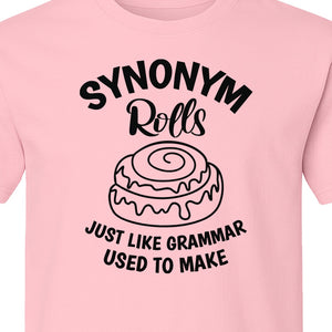 Synonym Rolls T-Shirt, Funny Grammar Pun Cinnamon Roll Design for English Teachers and Book Lovers