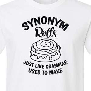 Synonym Rolls T-Shirt, Funny Grammar Pun Cinnamon Roll Design for English Teachers and Book Lovers