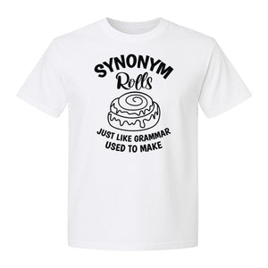 Synonym Rolls T-Shirt, Funny Grammar Pun Cinnamon Roll Design for English Teachers and Book Lovers