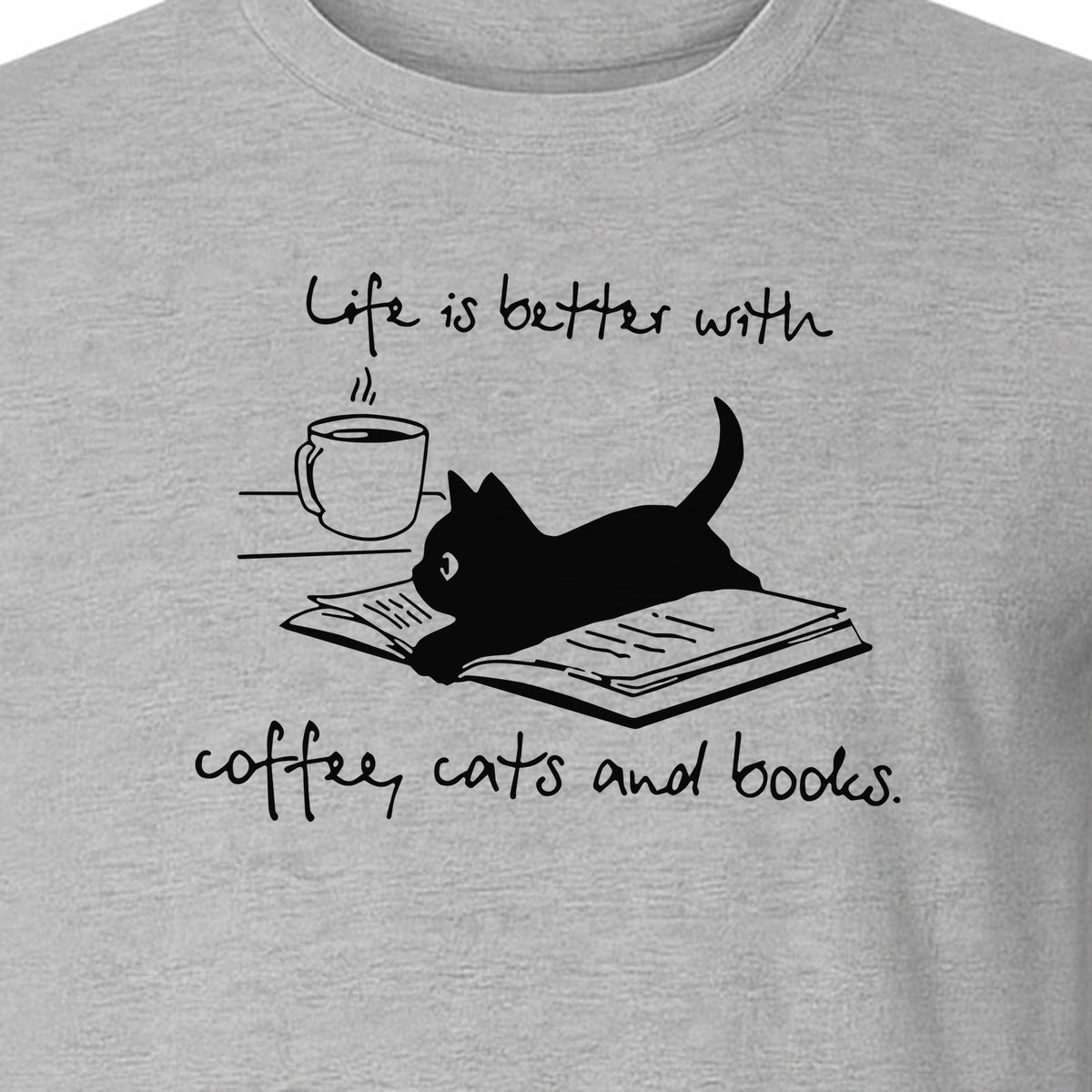 Coffee Cats and Books T-Shirt, Life Is Better Sketch Graphic for Bookworms and Cat Lovers
