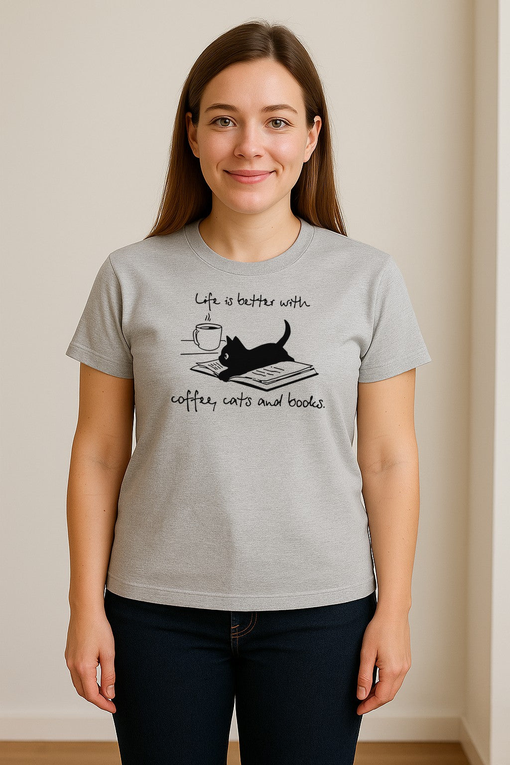 Coffee Cats and Books T-Shirt, Life Is Better Sketch Graphic for Bookworms and Cat Lovers