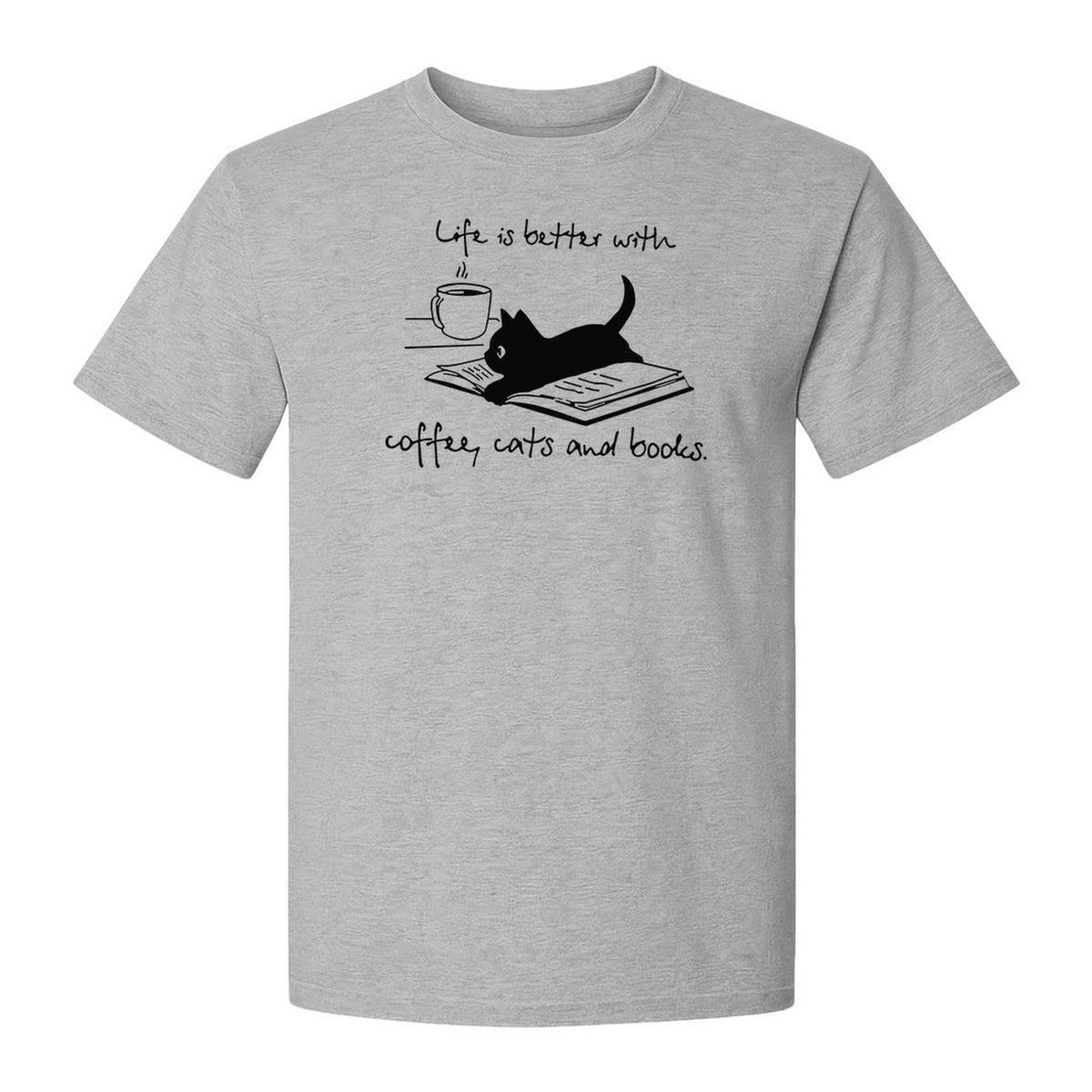 Coffee Cats and Books T-Shirt, Life Is Better Sketch Graphic for Bookworms and Cat Lovers