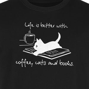 Coffee Cats and Books T-Shirt, Life Is Better Sketch Graphic for Bookworms and Cat Lovers