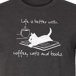 Coffee Cats and Books T-Shirt, Life Is Better Sketch Graphic for Bookworms and Cat Lovers
