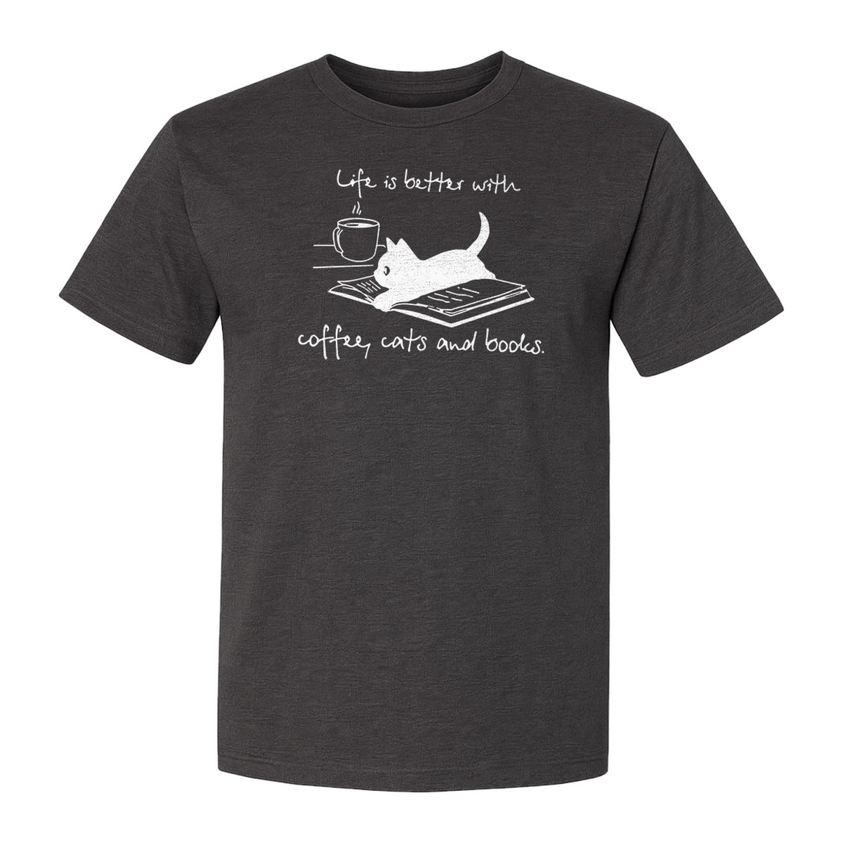 Coffee Cats and Books T-Shirt, Life Is Better Sketch Graphic for Bookworms and Cat Lovers