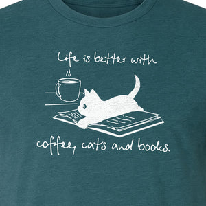 Coffee Cats and Books T-Shirt, Life Is Better Sketch Graphic for Bookworms and Cat Lovers