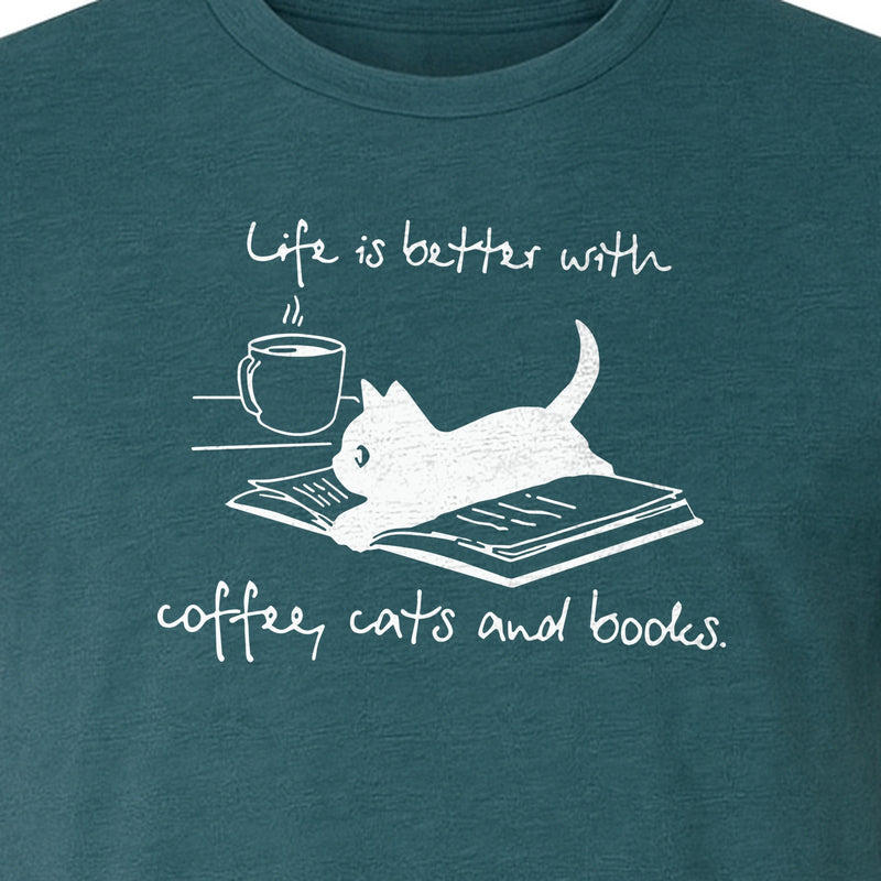 Coffee Cats and Books T-Shirt, Life Is Better Sketch Graphic for Bookworms and Cat Lovers