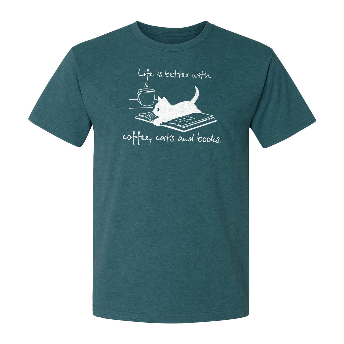 Coffee Cats and Books T-Shirt, Life Is Better Sketch Graphic for Bookworms and Cat Lovers