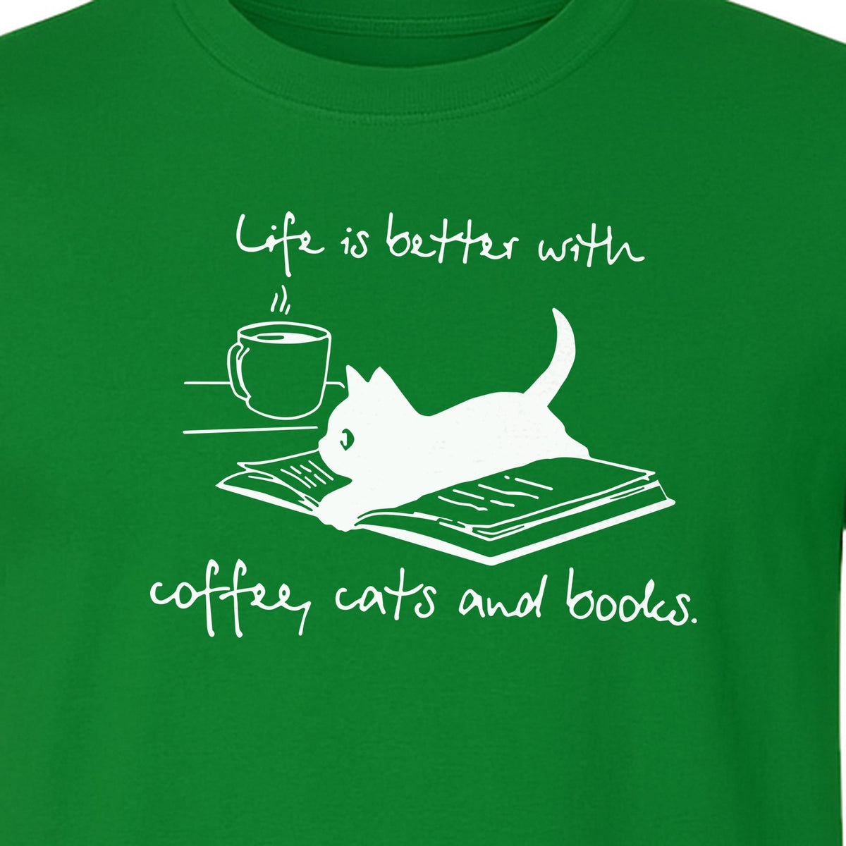 Coffee Cats and Books T-Shirt, Life Is Better Sketch Graphic for Bookworms and Cat Lovers