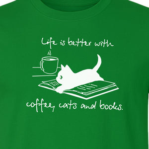 Coffee Cats and Books T-Shirt, Life Is Better Sketch Graphic for Bookworms and Cat Lovers