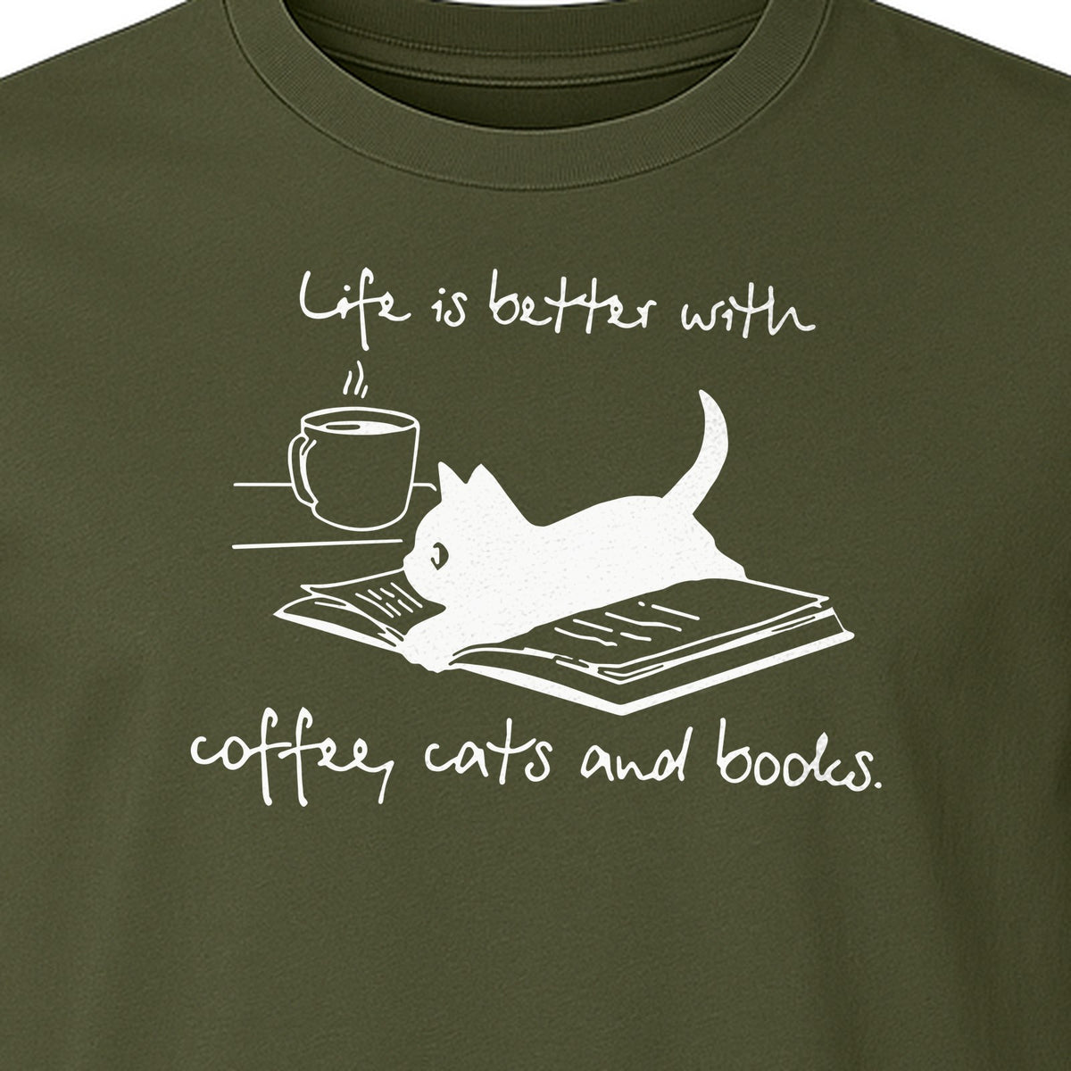 Coffee Cats and Books T-Shirt, Life Is Better Sketch Graphic for Bookworms and Cat Lovers