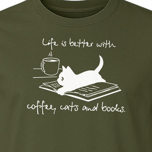 Coffee Cats and Books T-Shirt, Life Is Better Sketch Graphic for Bookworms and Cat Lovers