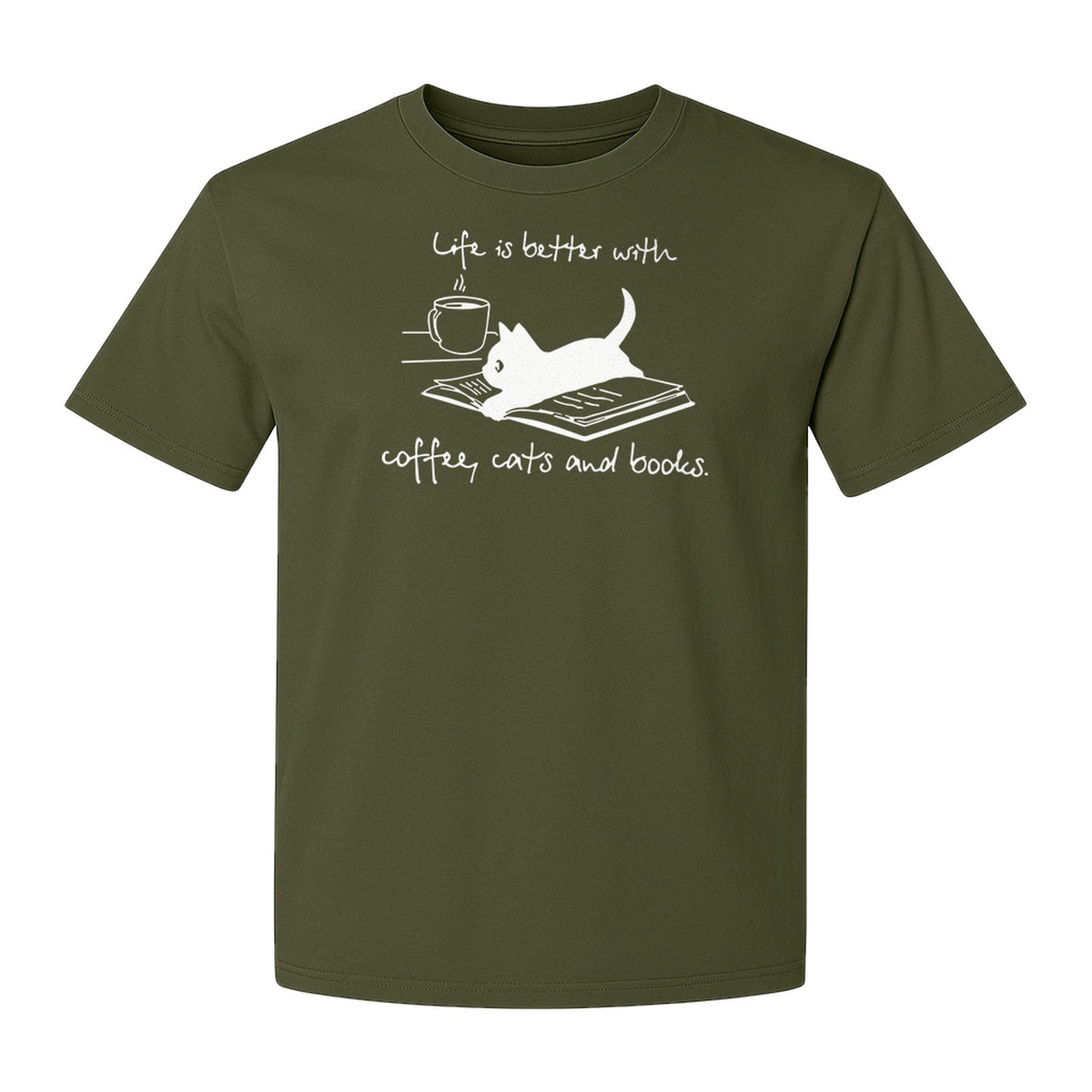 Coffee Cats and Books T-Shirt, Life Is Better Sketch Graphic for Bookworms and Cat Lovers