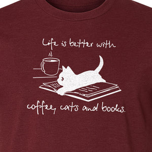Coffee Cats and Books T-Shirt, Life Is Better Sketch Graphic for Bookworms and Cat Lovers