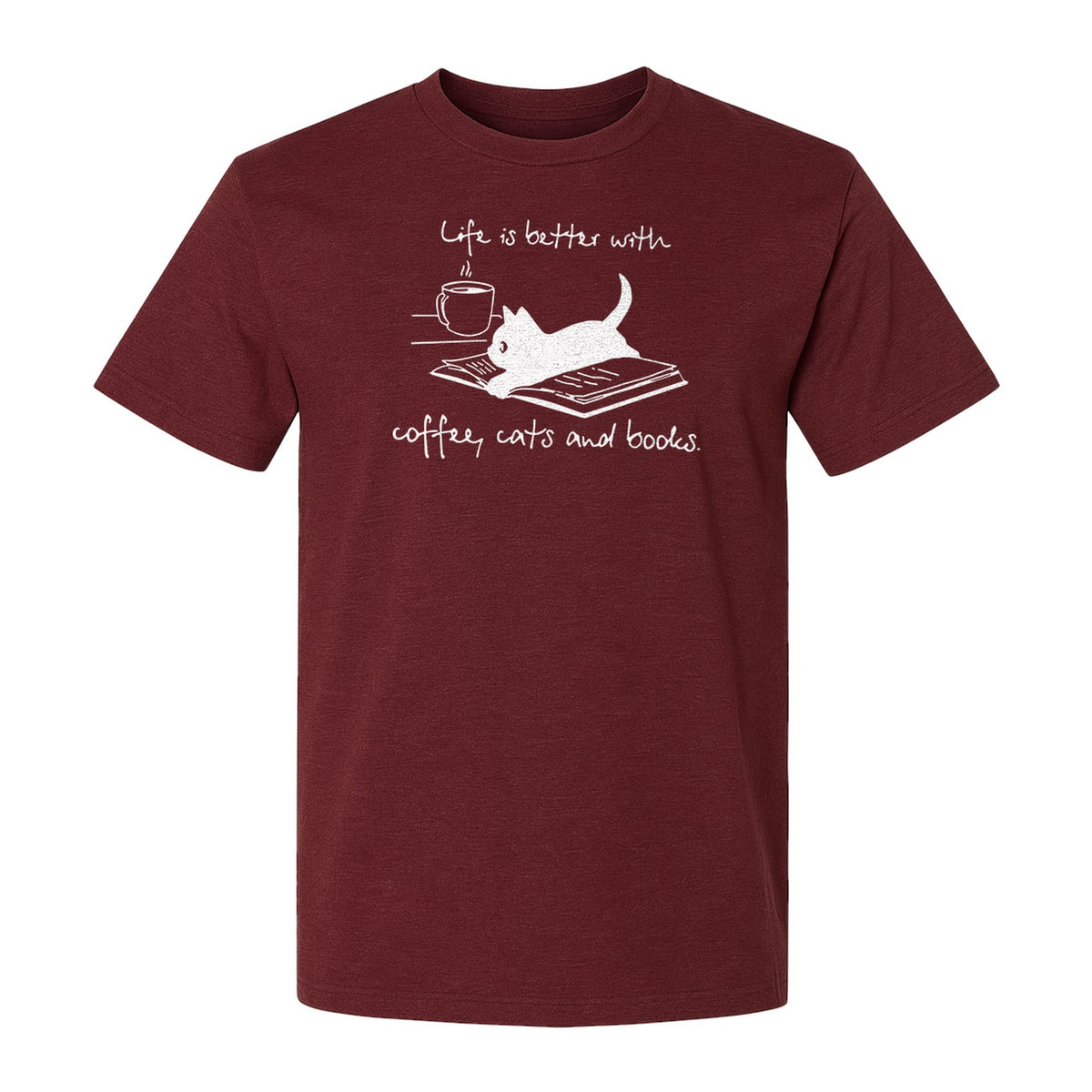 Coffee Cats and Books T-Shirt, Life Is Better Sketch Graphic for Bookworms and Cat Lovers