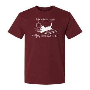 Coffee Cats and Books T-Shirt, Life Is Better Sketch Graphic for Bookworms and Cat Lovers