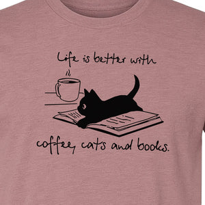 Coffee Cats and Books T-Shirt, Life Is Better Sketch Graphic for Bookworms and Cat Lovers