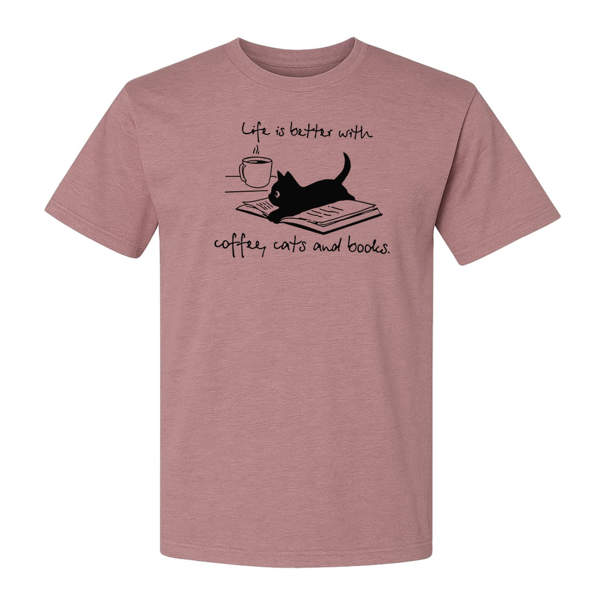 Coffee Cats and Books T-Shirt, Life Is Better Sketch Graphic for Bookworms and Cat Lovers