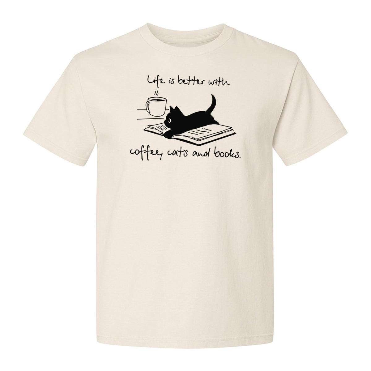 Coffee Cats and Books T-Shirt, Life Is Better Sketch Graphic for Bookworms and Cat Lovers