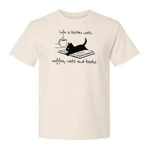 Coffee Cats and Books T-Shirt, Life Is Better Sketch Graphic for Bookworms and Cat Lovers