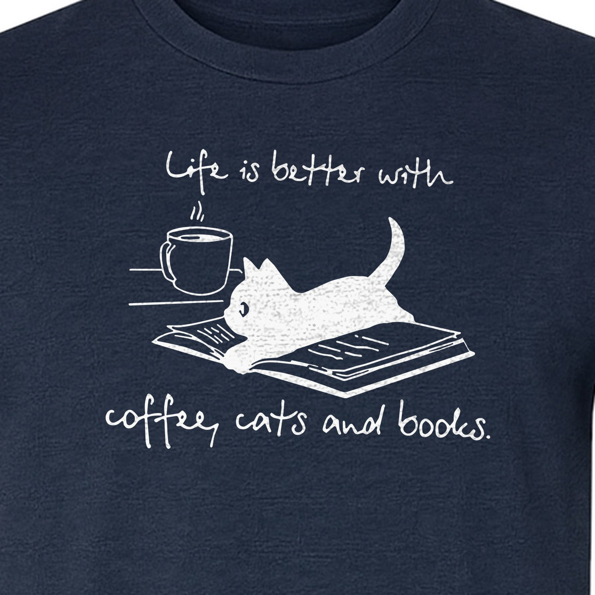 Coffee Cats and Books T-Shirt, Life Is Better Sketch Graphic for Bookworms and Cat Lovers