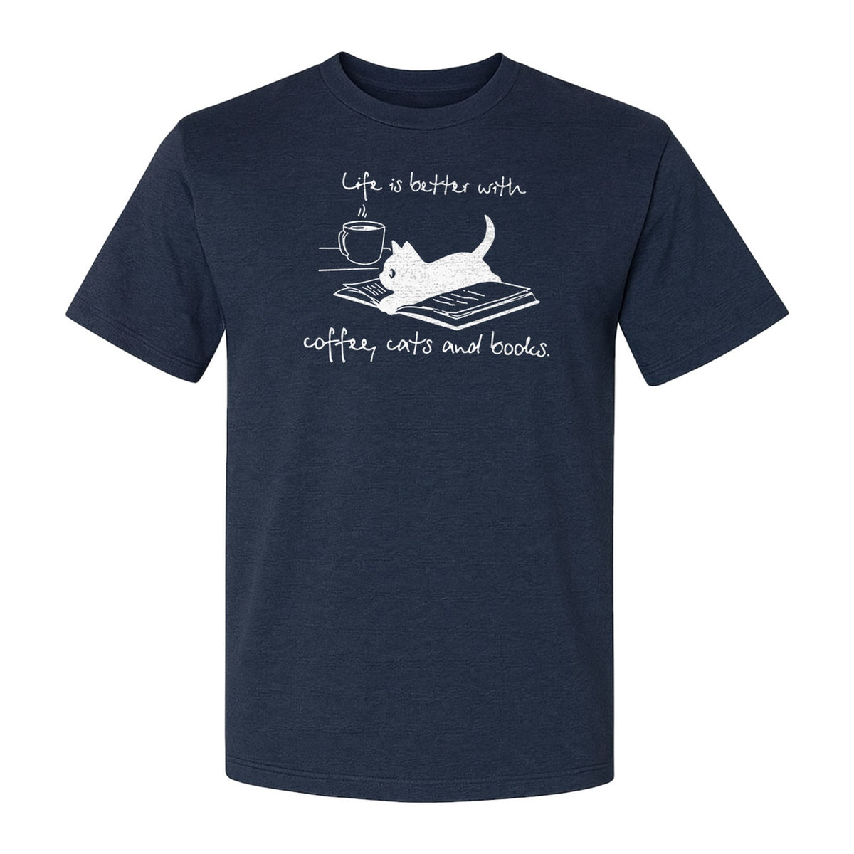 Coffee Cats and Books T-Shirt, Life Is Better Sketch Graphic for Bookworms and Cat Lovers