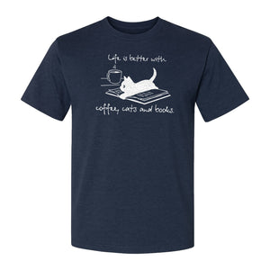 Coffee Cats and Books T-Shirt, Life Is Better Sketch Graphic for Bookworms and Cat Lovers