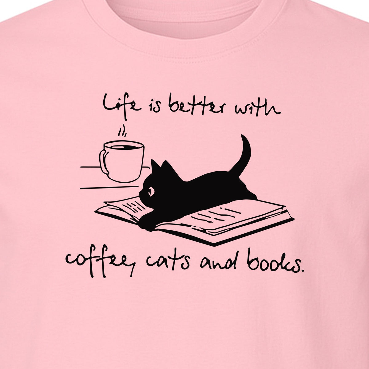 Coffee Cats and Books T-Shirt, Life Is Better Sketch Graphic for Bookworms and Cat Lovers