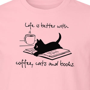 Coffee Cats and Books T-Shirt, Life Is Better Sketch Graphic for Bookworms and Cat Lovers
