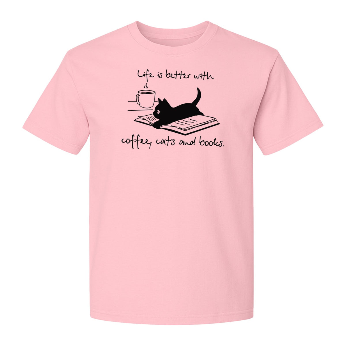 Coffee Cats and Books T-Shirt, Life Is Better Sketch Graphic for Bookworms and Cat Lovers