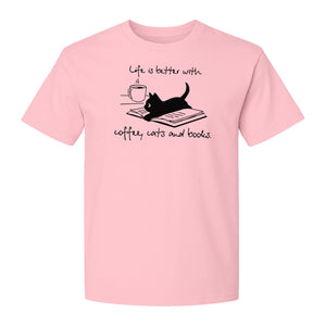 Coffee Cats and Books T-Shirt, Life Is Better Sketch Graphic for Bookworms and Cat Lovers