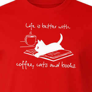 Coffee Cats and Books T-Shirt, Life Is Better Sketch Graphic for Bookworms and Cat Lovers